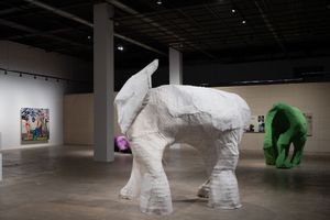 Oum Jeongsoon, _Elephant without trunk_ (2022). Iron sheet, wool, and fabric. 300 x  274 x 307 cm. Exhibition view: 14th Gwangju Biennale: _soft and weak like water_, South Korea (7 April–9 July 2023). Courtesy the artist and Gwangju Biennale Foundation. Photo: glimworkers.